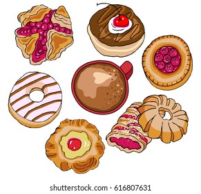 Pastry and Coffee, hand drawn illustration, with doughnuts, puff pastry square, strudel and shell cakes