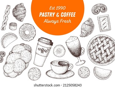 Pastry and coffee. Coffee house menu. Illustration of different baked goods. Hand drawn vector illustration. Bakery sketch. Background template for design. Engraved food image. Top view.