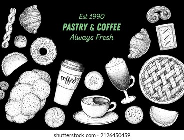 Pastry and coffee. Coffee house menu. Illustration of different baked goods. Hand drawn vector illustration. Bakery sketch. Background template for design. Engraved food image. Top view.