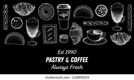 Pastry and coffee. Coffee house menu. Illustration of different baked goods. Hand drawn vector illustration. Bakery sketch. Background template for design. Engraved food image. Top view.