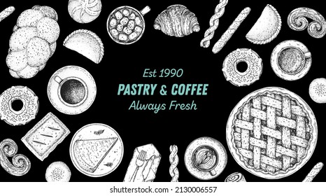 Pastry and coffee. Coffee house menu. Illustration of different baked goods. Hand drawn vector illustration. Bakery sketch. Background template for design. Engraved food image. Top view.