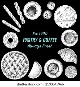 Pastry and coffee. Coffee house menu. Illustration of different baked goods. Hand drawn vector illustration. Bakery sketch. Background template for design. Engraved food image. Top view.