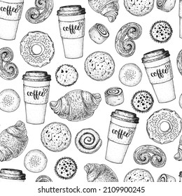 Pastry and coffee seamless pattern. Coffee house menu. Different baked goods. Hand drawn vector illustration. Bakery sketch. Background template for design. Engraved food image.