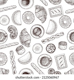 Pastry and coffee seamless pattern. Coffee house menu. Different baked goods. Hand drawn vector illustration. Bakery sketch. Background template for design. Engraved food image.