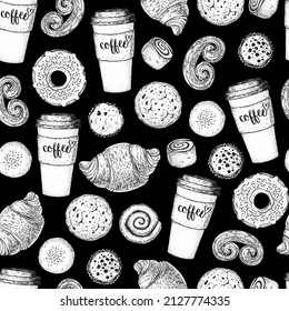 Pastry And Coffee Seamless Pattern. Coffee House Menu. Different Baked Goods. Hand Drawn Vector Illustration. Bakery Sketch. Background Template For Design. Engraved Food Image.