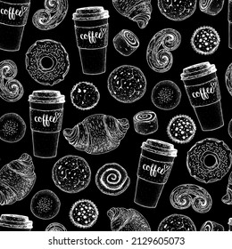 Pastry and coffee seamless pattern. Coffee house menu. Different baked goods. Hand drawn vector illustration. Bakery sketch. Background template for design. Engraved food image.