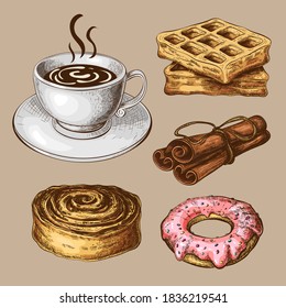 pastry with coffee vintage clipart. color sketch of sweet breakfast isolated. drawn sweet pastry with coffee cup. illustration of glazed donut, waffers, cinnamon bun and sticks. great for design menu