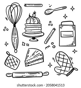 Pastry confectionary vector doodle set with kitchen utensil, mitten, rolling pin, flour container. Cake cooking with spoon, cinnamon.