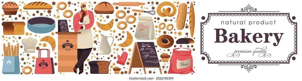 Pastry and confectionery in bakery shop of premium quality. Baker with apron standing by counter, custom orders for baking bread, baguette and cookies or sweet crunchy snacks. Vector in flat style