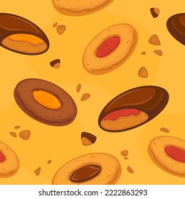 Pastry and confectionery, cookies and biscuits with chocolate topping and cream. Crackers and tasty dessert, sweets from store. Seamless pattern, background or wallpaper print. Vector in flat style