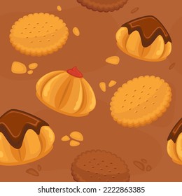 Pastry and confectionery, cookies and biscuits with chocolate topping and cream. Crackers and tasty dessert, sweets from store. Seamless pattern, background or wallpaper print. Vector in flat style