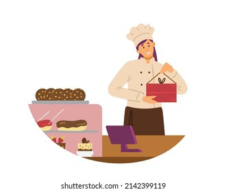 Pastry Or Confectionery Shop Salesperson Female Character Offering Cakes And Confectionery, Flat Cartoon Vector Illustration Isolated On White Background.