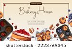 Pastry, cooking, baking products, muffins, cakes, copy-space on neutral. Bakery, shop, confectionery, food concept. Vector illustration for poster,banner,flyer,menu,advertising. 