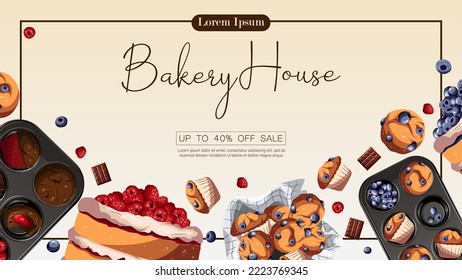 Pastry, cooking, baking products, muffins, cakes, copy-space on neutral. Bakery, shop, confectionery, food concept. Vector illustration for poster,banner,flyer,menu,advertising. 