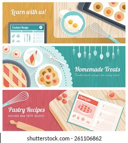 Pastry and cooking banners set with kitchen tools and sweets