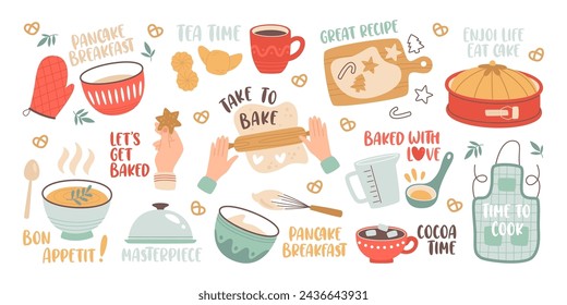 Pastry cooking, homemade sweets preparation and handicraft bakery lettering stickers isolated set. Tea house and coffee shop emblem, restaurant logo badge with inscription vector illustration