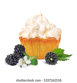 Pastry with cream and blackberry low poly. Delicious pastry with cream and blackberry. Tasty cake. Design for cake packaging. Vector illustration. Pastry with cream in triangulation technique. 
