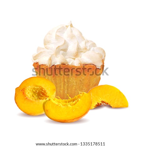 Pastry with cream and peach low poly. Delicious pastry with cream and peach. Tasty cake. Design for cake packaging. Vector illustration. Pastry with cream in triangulation technique. 
