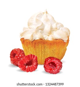 Pastry with cream and raspberries low poly. Delicious pastry with cream and raspberries. Tasty cake. Design for cake packaging. Vector illustration. Pastry with cream in triangulation technique. 