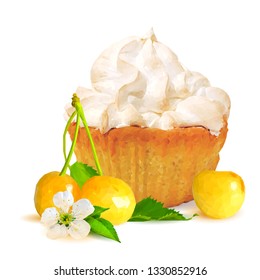 Pastry with cream and yellow cherry low poly. Delicious pastry with cream and cherry. Tasty cake. Design for cake packaging. Vector illustration. Pastry with cream in triangulation technique. 