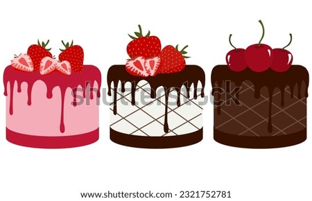 Pastry, cupcake, cake, fruit, and macaron all with floral decorations. a collection of delicious treats topped with whipped cream and chocolate glaze. Vector image set off on a white background
