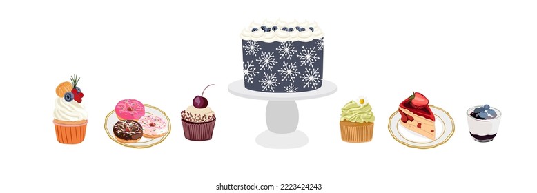 Pastry, cupcake, donuts, cake decorated with berries , fruits and snowflakes. Set of sweet desserts with whipped cream for Birthday, New year or Christmas table. Vector illustration isolated on white.