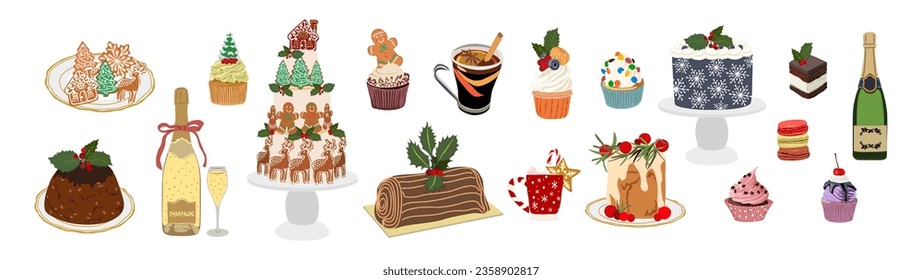 Pastry, cupcake, gingerbread cookies, cakes, Christmas pudding, hot, alcohol drinks. Set of sweet desserts and champagne decorated for New year, Christmas table. Vector illustration isolated on white