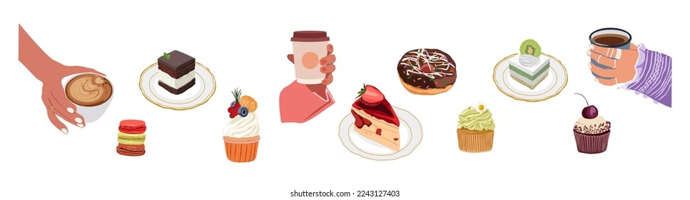 Pastry, cupcake, piece of cake, biscuits, macaroons with berries and fruits. Set of sweets, desserts with whipped cream, chocolate glaze and coffee and tea cup, mug. Realistic illustration isolated