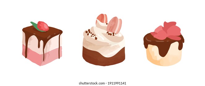 Pastry, cupcake, piece of cake decorated with flower petals, berry and macaron. Set of sweet desserts with whipped cream and drippy chocolate glaze. Vector illustration isolated on white background