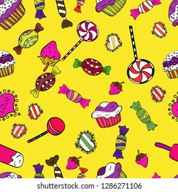 Pastry. Cupcakes flavors doodle illustration on white, black and yellow. Seamless of hand drawn vintage style cupcakes and muffins. Vector illustration.