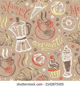 Pastry and cups of coffee seamless pattern in chalk drawing technique