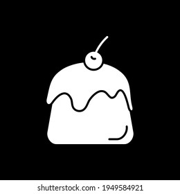 Pastry dark mode glyph icon. Bakery product. Cupcake with icing. Muffin with frosting. Unhealthy food. Sweet roll. White silhouette symbol on black space. Vector isolated illustration