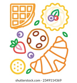 Pastry desserts. Berry tartlet, croissant, belgian waffles, cookies, berry. Sweets, confectionery. Linear colorful illustration. Breakfast concept. Editable strokes. Best for poster, cover, banner