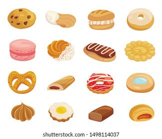 Pastry desserts flat color vector illustrations set. Cakes, sweet biscuits, doughnuts and buns isolated cliparts pack on white background. Bakery delicious assortment design elements collection