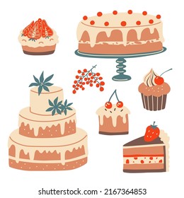 Pastry desserts set. Wedding cake, cupcakes and tarts. Vector hand drawn elements.