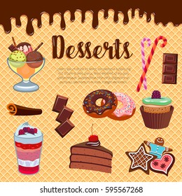 Pastry desserts vector waffle or wafer poster of cupcake, cheesecake, bakery chocolate fondant, brownie pie and biscuit cookie, patisserie cake or pudding, ice cream and donut, torte and candy cane