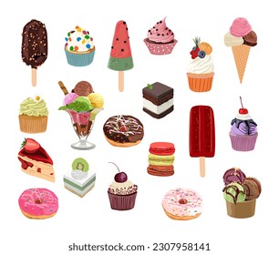 Pastry, donuts, cupcakes, ice cream, macaroon decorated with berries, chocolate, fruits. Set of sweet desserts for menu, bakery shop, tea party. Realistic vector illustration on white background