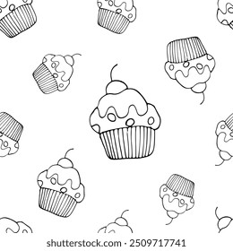 Un fondo de doodle de pastelería en blanco y negro, un patrón de cupcake dibujado a mano sin fisuras