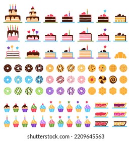 Pastry elements set on white background. Tasty baked healthy dessert collection. Flat biscuit cake donut cookie muffin chocolate pie croissant puff. Cartoon sweet snack french food vector illustration