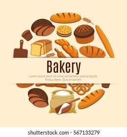 Pastry food and bread banner. Loaf and bread, baguette, baton and ear, croissant and bun, cutting board and roller pin, flour bag and kringle, cake with raisins. Nutrition and bakery shop.