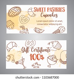 Pastry gift voucher. Bakery horizontal banners with pastries. Sweet pastry, cupcakes, dessert posters with chocolate cake, sweets Hand drawn sketch. Vector