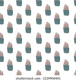 Patrón sin fisuras dibujado a mano. Confecciones de colección de carros, pastelitos. vector conjunto de iconos.