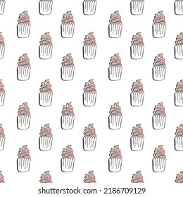 Pastry hand drawn seamless pattern. Doodle background collection confections, cupcakes . Icon set vector.