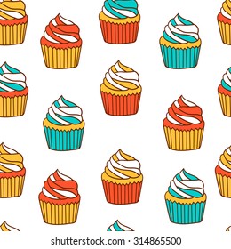 Pastry hand drawn seamless pattern. Doodle background with collection confections. Illustration with cupcakes vector 