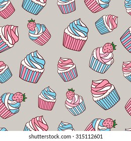 Pastry hand drawn seamless pattern. Doodle background collection confections.  Illustration with cupcakes vector 