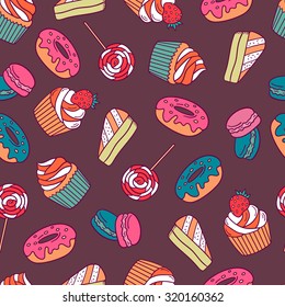 Pastry hand drawn seamless pattern. Doodle background collection confections. Icon set vector