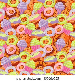 Pastry hand drawn seamless pattern. Doodle collection confections. Colorful background with donuts, cupcake, dessert, croissant, bagel