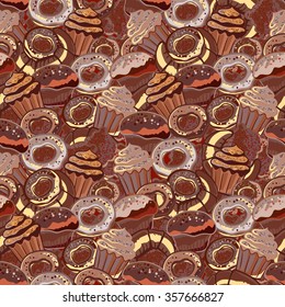 Pastry hand drawn seamless pattern. Doodle collection confections. Chocolate color background with donuts, cupcake, dessert, croissant, bagel