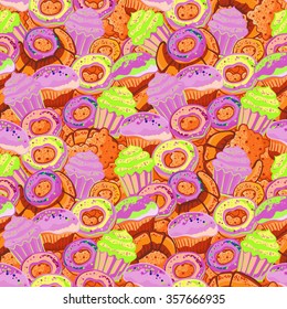 Pastry hand drawn seamless pattern. Doodle background collection confections. Icon set vector with donuts, cupcake, dessert, croissant, bagel