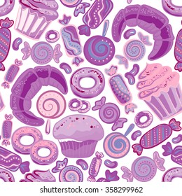 Pastry hand drawn seamless pattern. Doodle collection confections. Colorful background